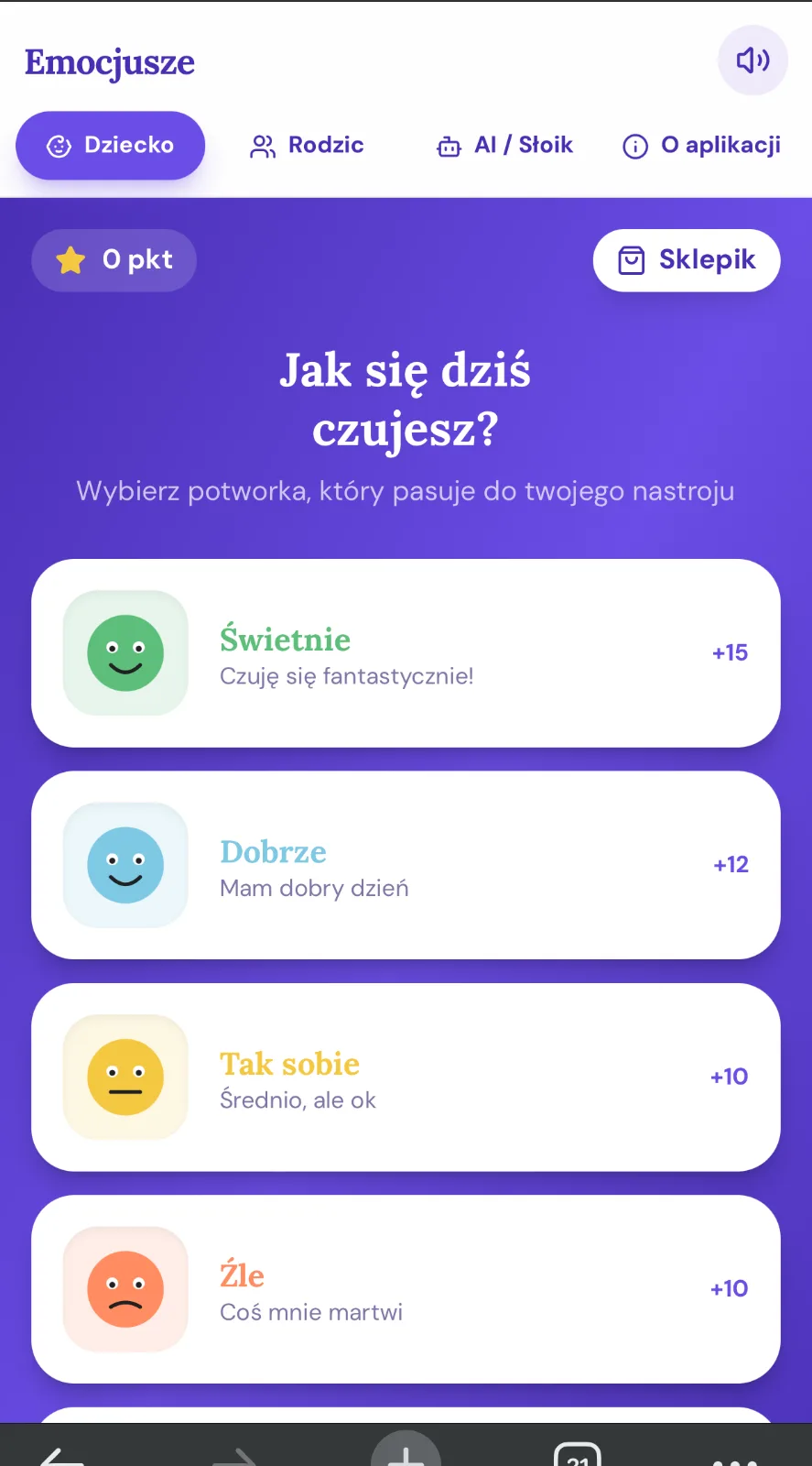 Aplikacja Emocjusze na ekranie telefonu — wybór nastroju