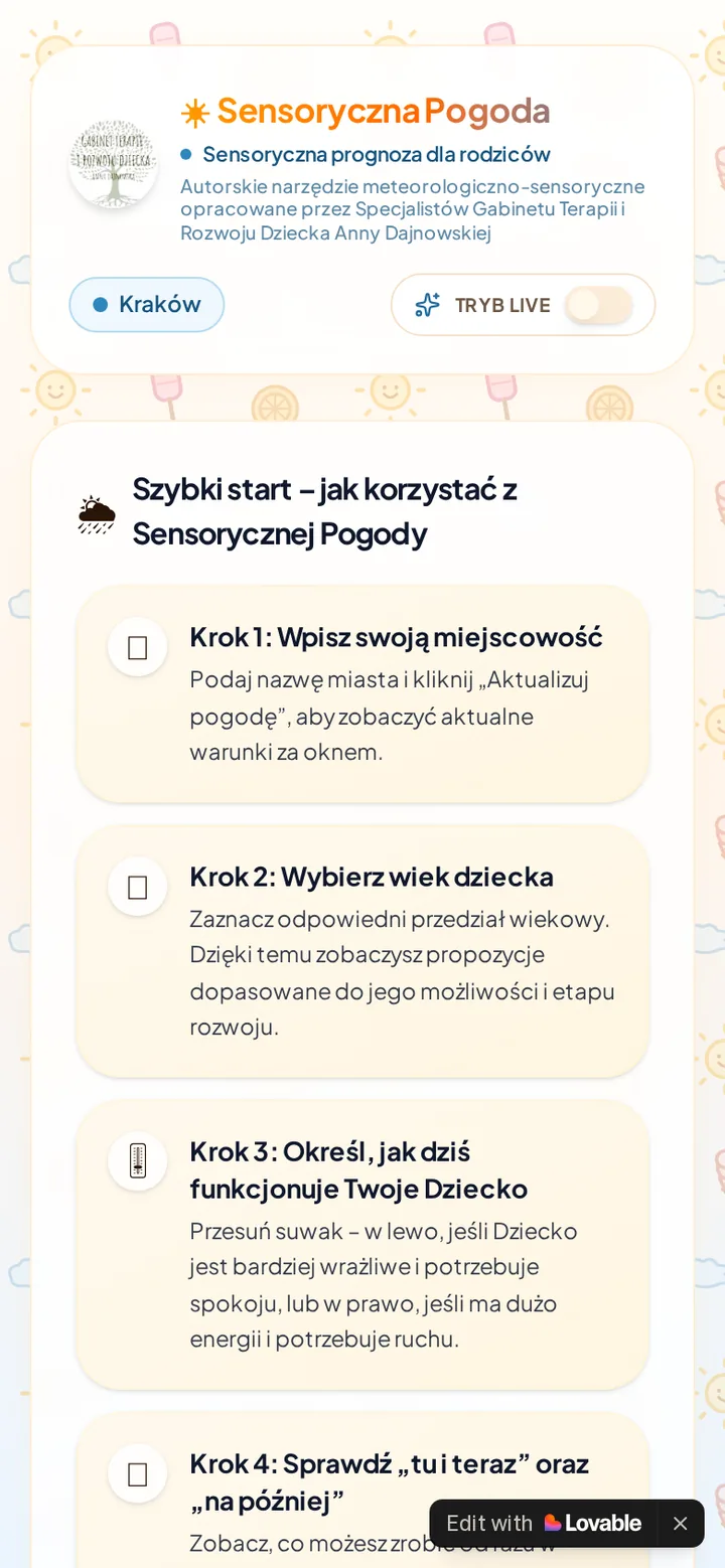 Aplikacja webowa Sensoryczna Pogoda na ekranie telefonu